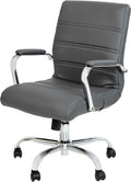 Flash Furniture Whitney Mid-Back Swivel LeatherSoft Desk Chair with Padded Seat and Armrests, Adjustable Height Padded Office Chair, Gray/Chrome