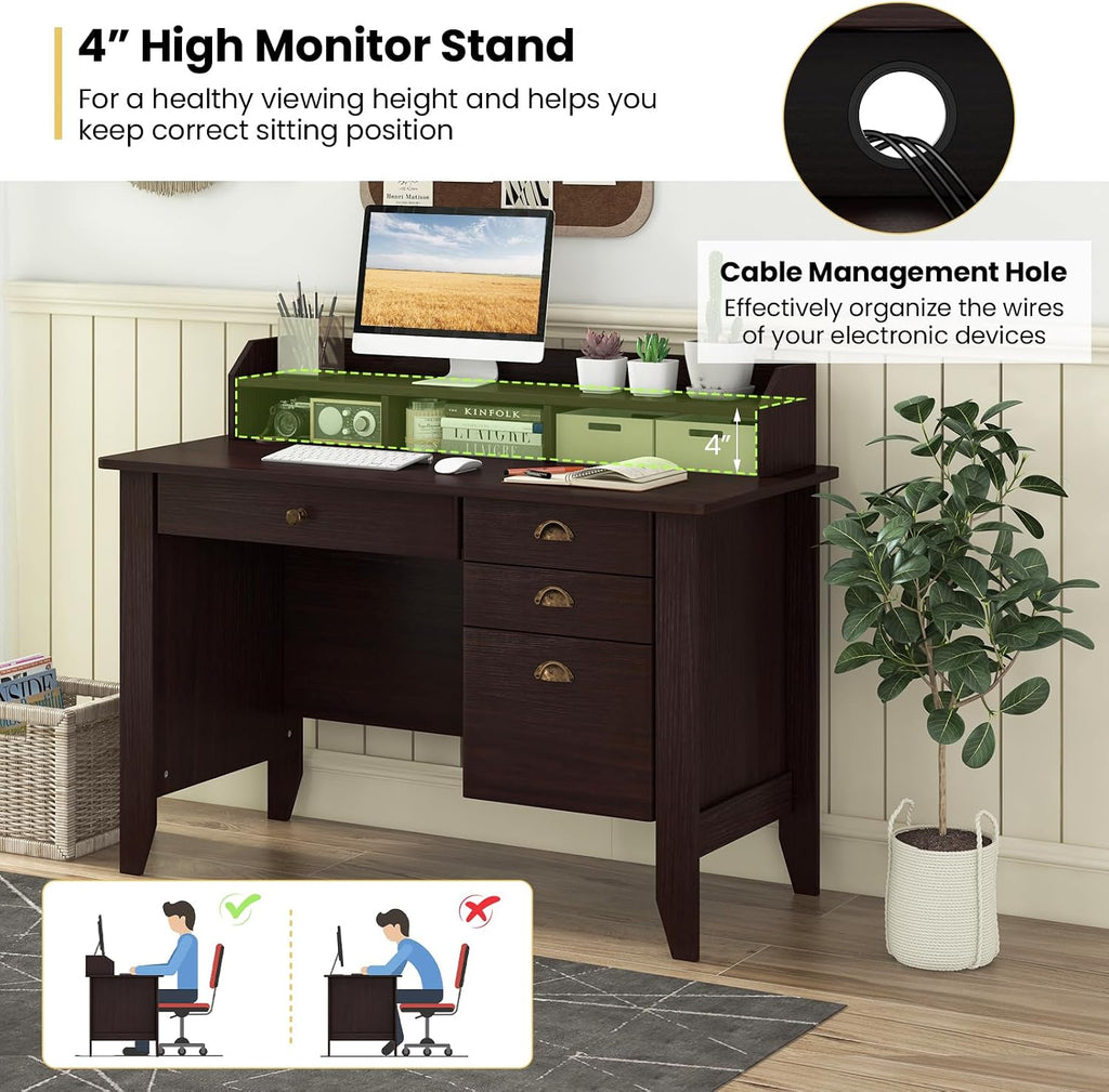 Tangkula Computer Desk with 4 Storage Drawers & Hutch, Home Office Desk Vintage Desk with Storage Shelves, Wooden Executive Desk Writing Study Desk (Brown)