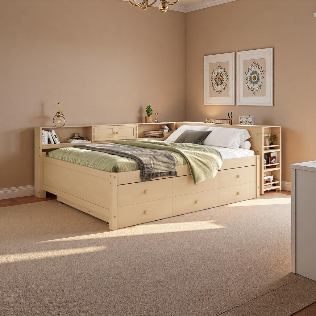 SOFTSEA Twin Size Corner Bed with Trundle & Storage Drawers, Wood Daybed with Desk and Bookcase Headboard, Twin Corner Daybed with Storage Shelves for Kids Teens Adults, Golden