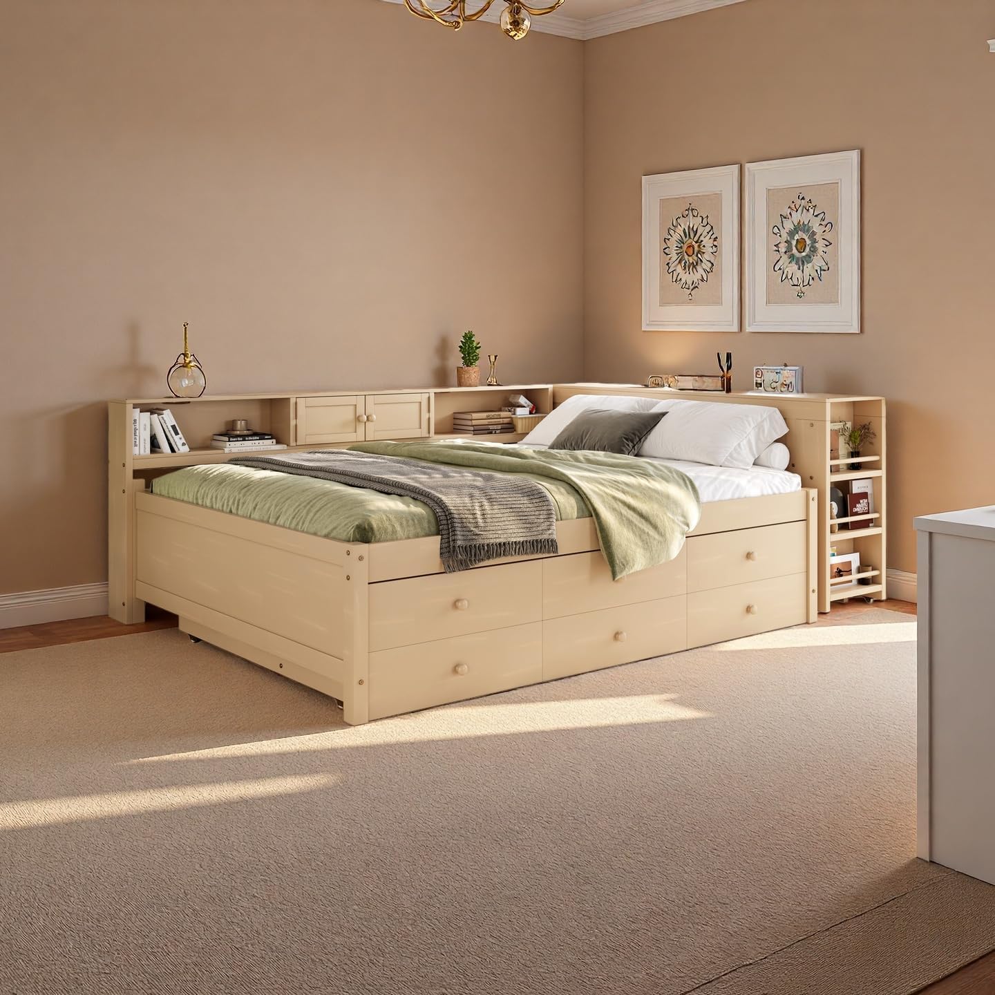 SOFTSEA Twin Size Corner Bed with Trundle & Storage Drawers, Wood Daybed with Desk and Bookcase Headboard, Twin Corner Daybed with Storage Shelves for Kids Teens Adults, Golden