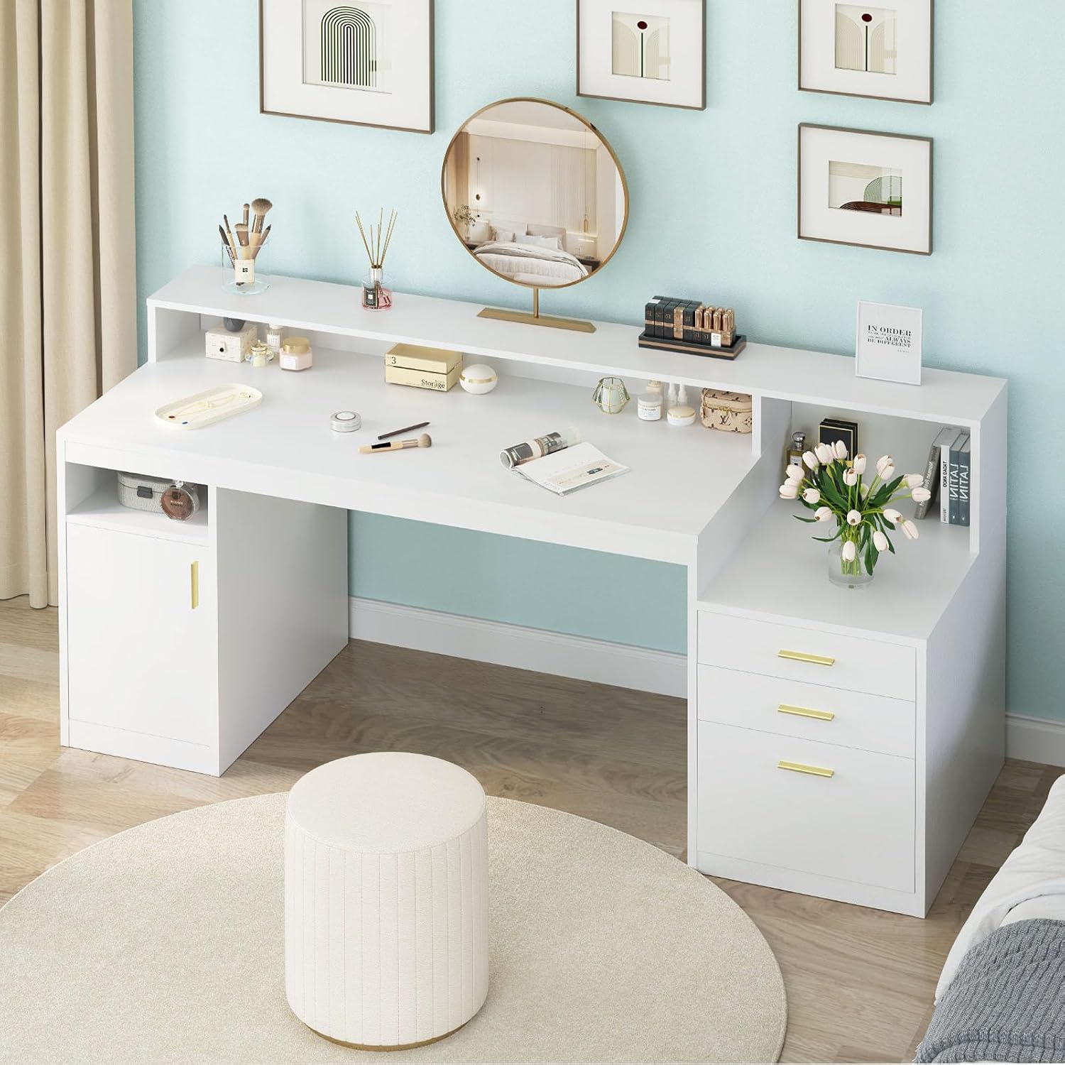 YOMILUVE Computer Desk with 3 Drawer & Storage Shelves, Home Office Desk with File Drawer & Cabinet, Writing Study Table with Long Monitor Stand & Printer Shelf, Executive Desk, White