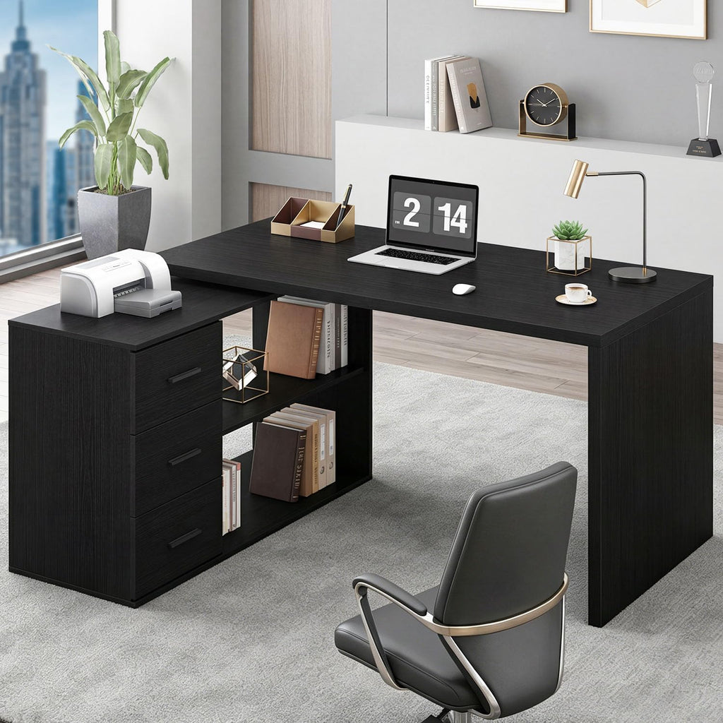 HSH Black L Shaped Computer Desk with Drawers, Home Office Desk with Storage Cabinet Shelves, Reversible Corner Wood Writing Desk for Executive Work Study, Large Bedroom Computer Table, 55 Inch