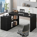 HSH Black L Shaped Computer Desk with Drawers, Home Office Desk with Storage Cabinet Shelves, Reversible Corner Wood Writing Desk for Executive Work Study, Large Bedroom Computer Table, 55 Inch