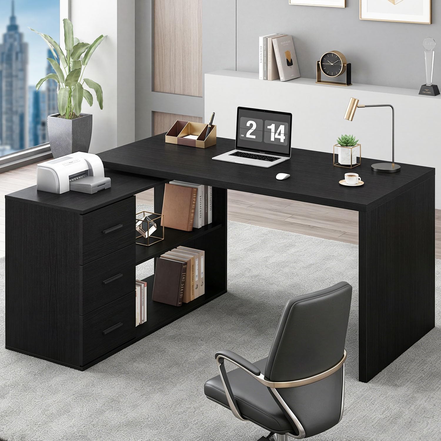 HSH Black L Shaped Computer Desk with Drawers, Home Office Desk with Storage Cabinet Shelves, Reversible Corner Wood Writing Desk for Executive Work Study, Large Bedroom Computer Table, 55 Inch