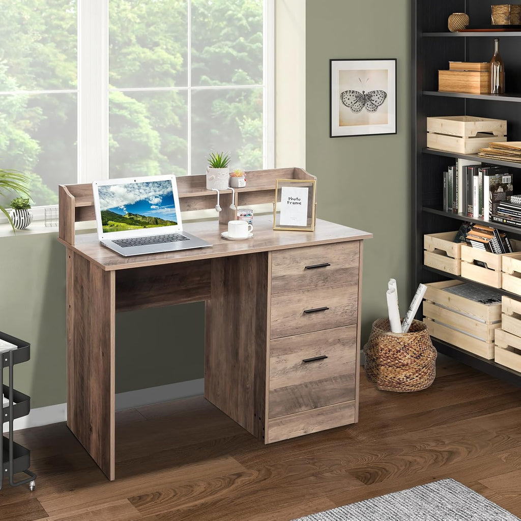 Karl home Grey Computer Desk with Drawers ＆ Hutch, Modern Home Office Desks with Storage for Kids Students Teens, Small Wood Table for Work Study Gaming Writing, PC Laptop Workstation
