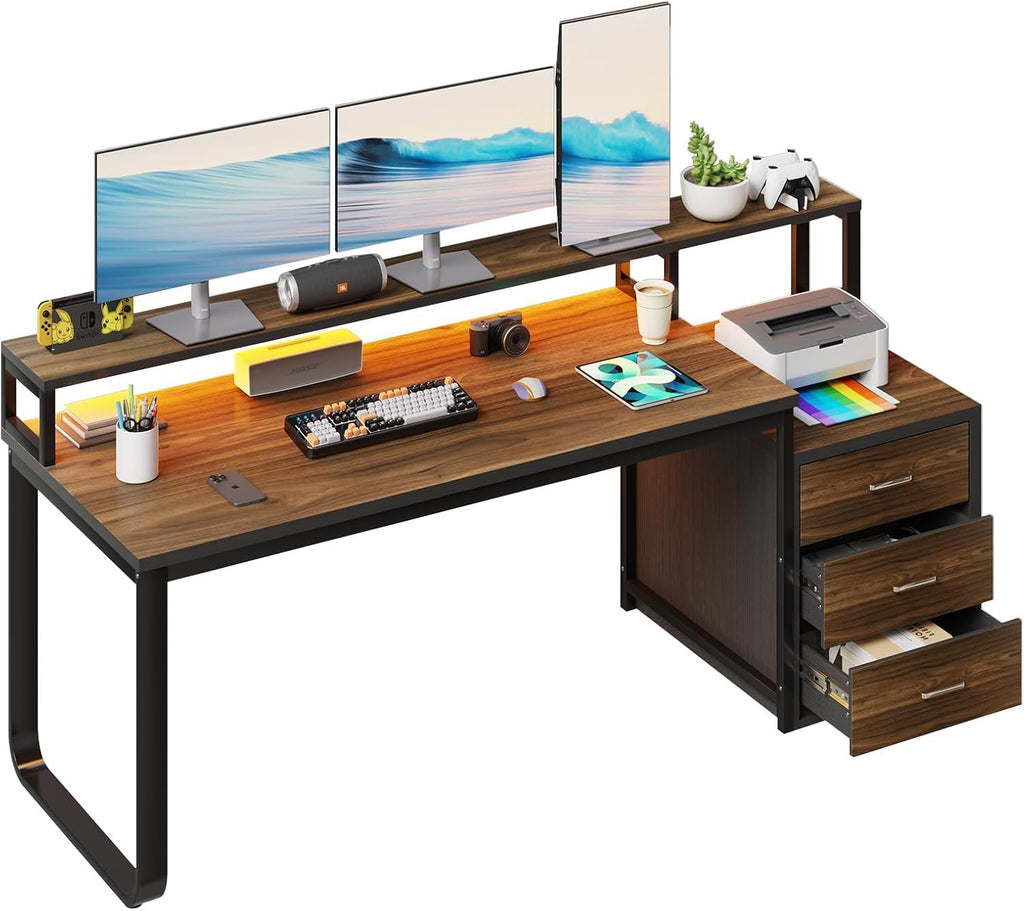 HOMBCK 67' Computer Desk with 3 Drawers, Home Office Desk with Long Monitor Stand and Printer Space, Office Desk with Storage & LED Lights, Writing Desk with Drawers, Black and Walnut