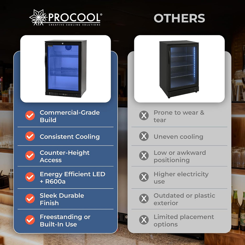 Procool 1-Door Counter Height Beverage Refrigerator - 24' Wide Energy Efficient Black Beer Fridge With Glass Door & Blue LED Lighting - Commercial Back Bar Cooler