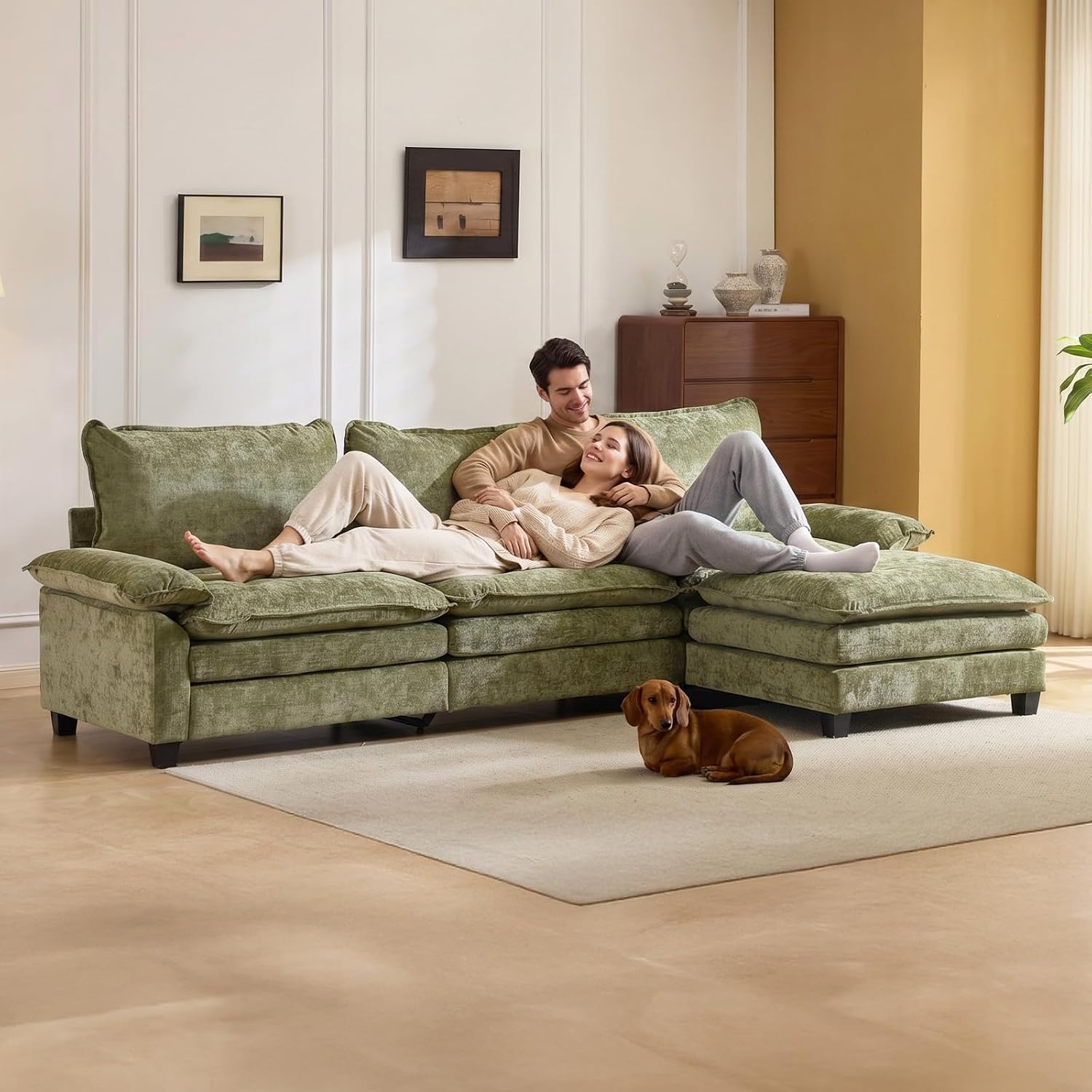 VINGLI 122' Cloud Double-Layer Deep Convertible Sectional Sofa, Comfy L-Shape 3-Seat Couches for Living Room, Modern Couch with Movable Ottoman for Small Space, Olive Green, Chenille