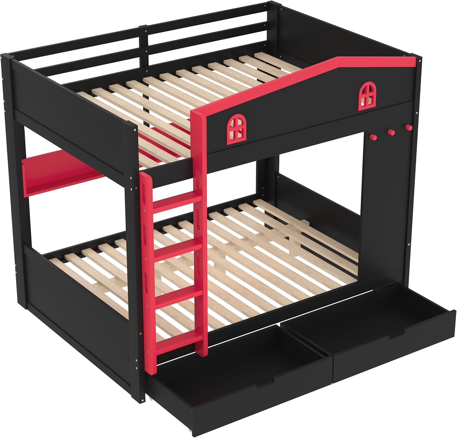 Queen Over Queen Bunk Bed with Storage Drawers, Hooks and Storage Shelves, Solid Wood Bunk Beds for Kids Teens, Bedroom Space-Saving Furniture (Black+Red/D)
