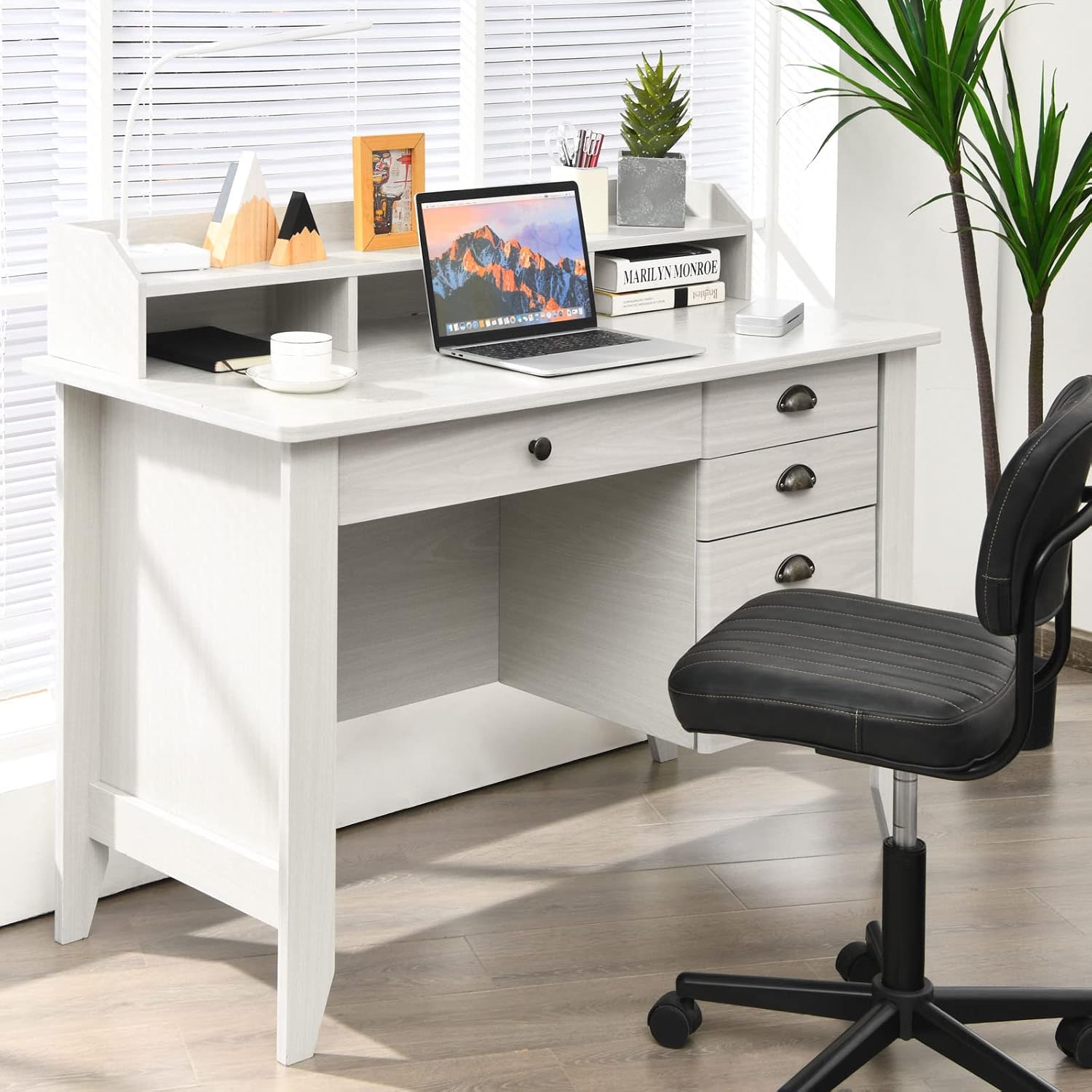 Tangkula White Desk with 4 Storage Drawers & Hutch, Home Office Computer Vintage Desk, Writing Study Table with Storage Shelves, Wooden Executive Desk (White)