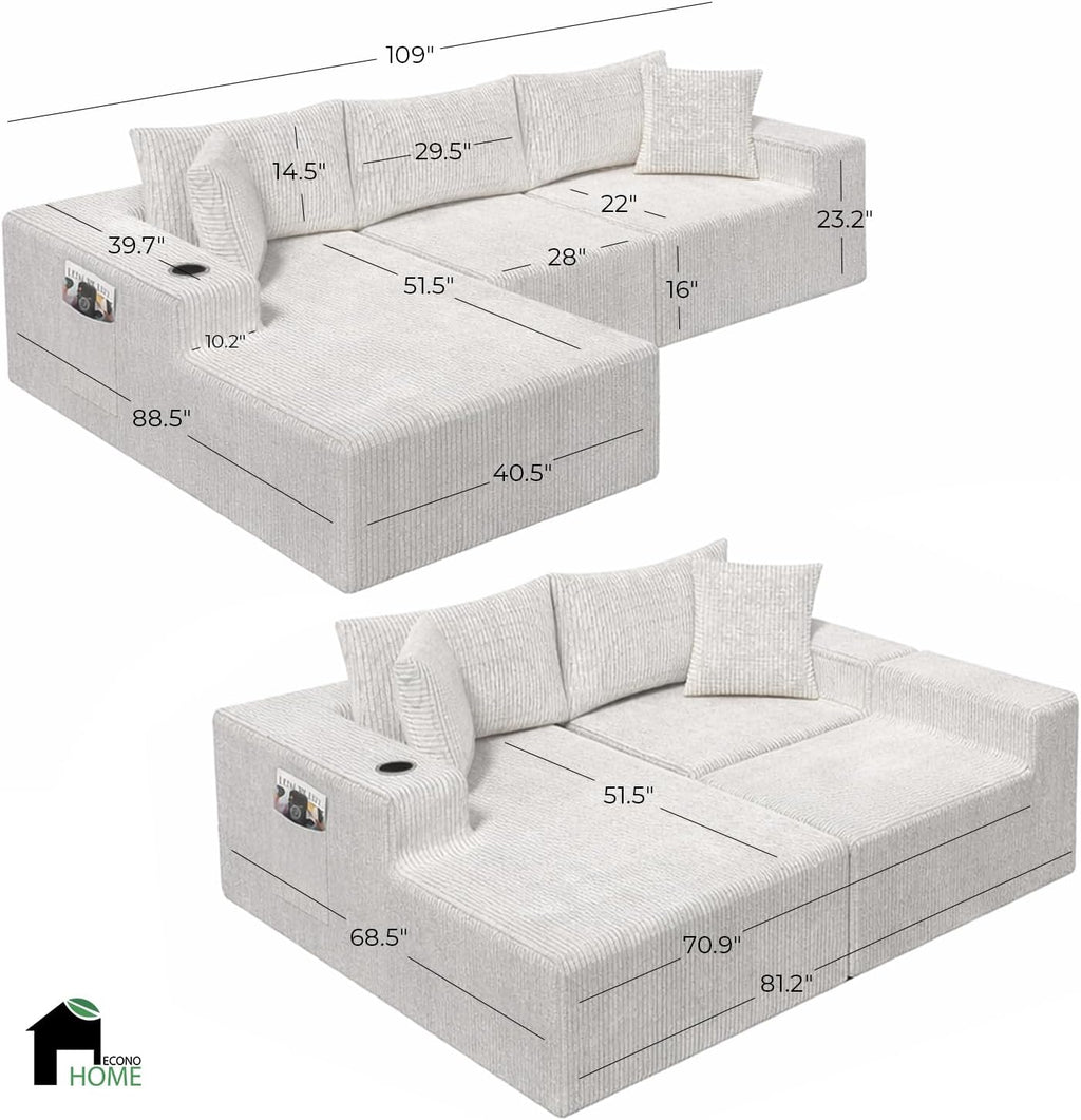 EconoHome Boneless Cloud Sectional Sofa - Plush Deep Seat L-Shaped Couch for Relaxing & Entertaining, Durable Construction & Easy Assembly, Perfect Addition to Any Living Room