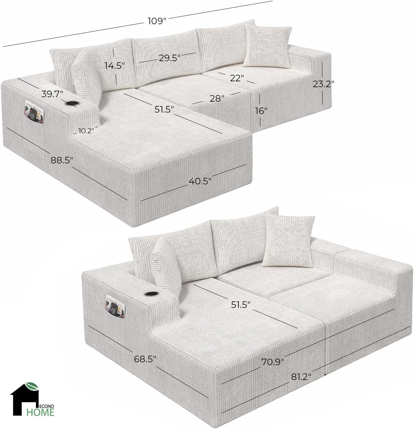 EconoHome Boneless Cloud Sectional Sofa - Plush Deep Seat L-Shaped Couch for Relaxing & Entertaining, Durable Construction & Easy Assembly, Perfect Addition to Any Living Room