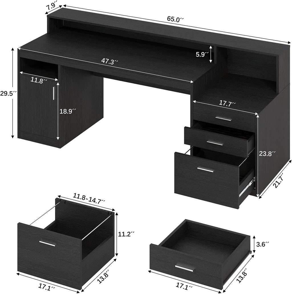 YOMILUVE Computer Desk with 3 Drawer & Storage Shelves, Home Office Desk with File Drawer & Cabinet, Writing Study Table with Long Monitor Stand & Printer Shelf, Executive Desk, Black