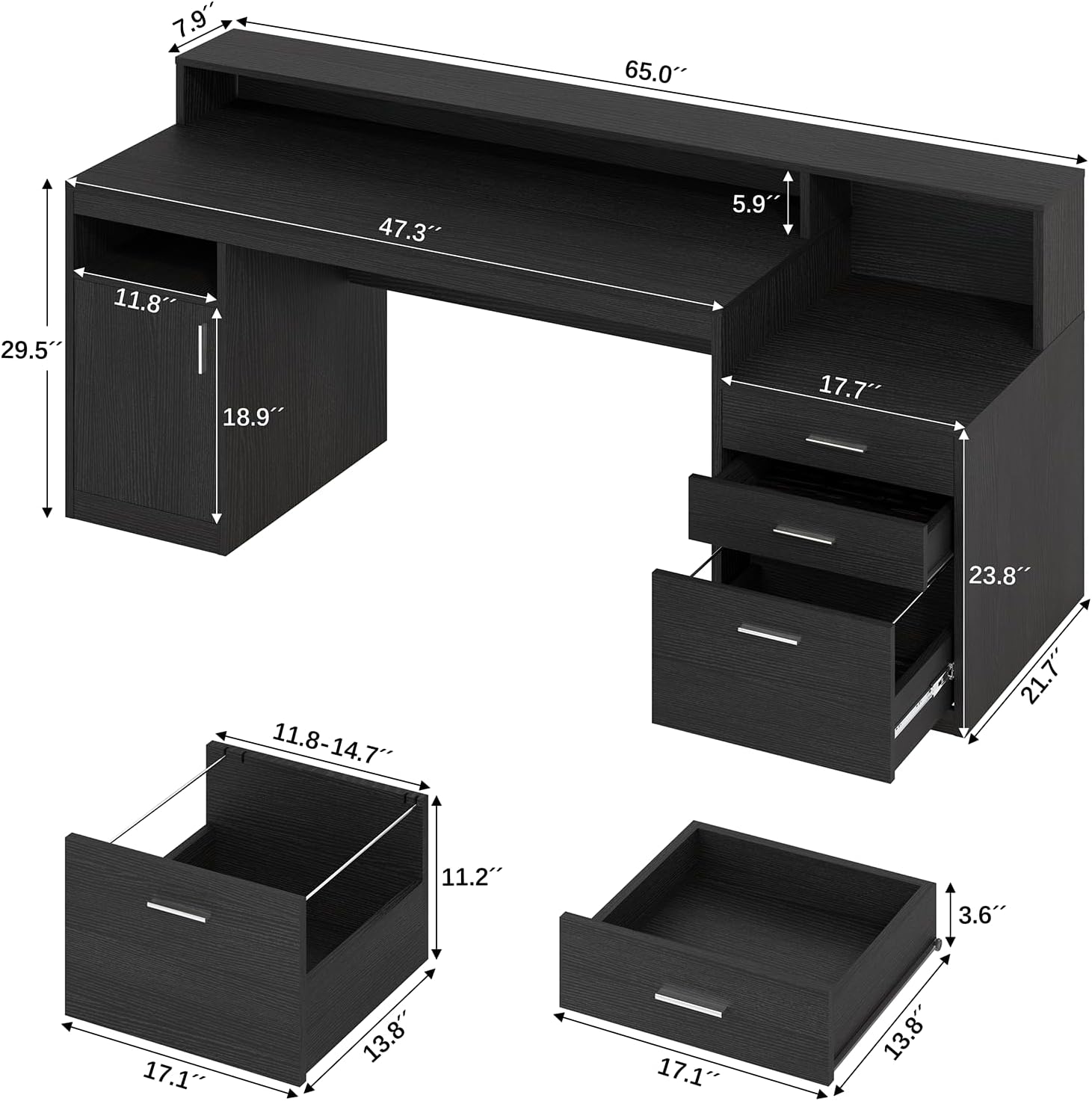 YOMILUVE Computer Desk with 3 Drawer & Storage Shelves, Home Office Desk with File Drawer & Cabinet, Writing Study Table with Long Monitor Stand & Printer Shelf, Executive Desk, Black