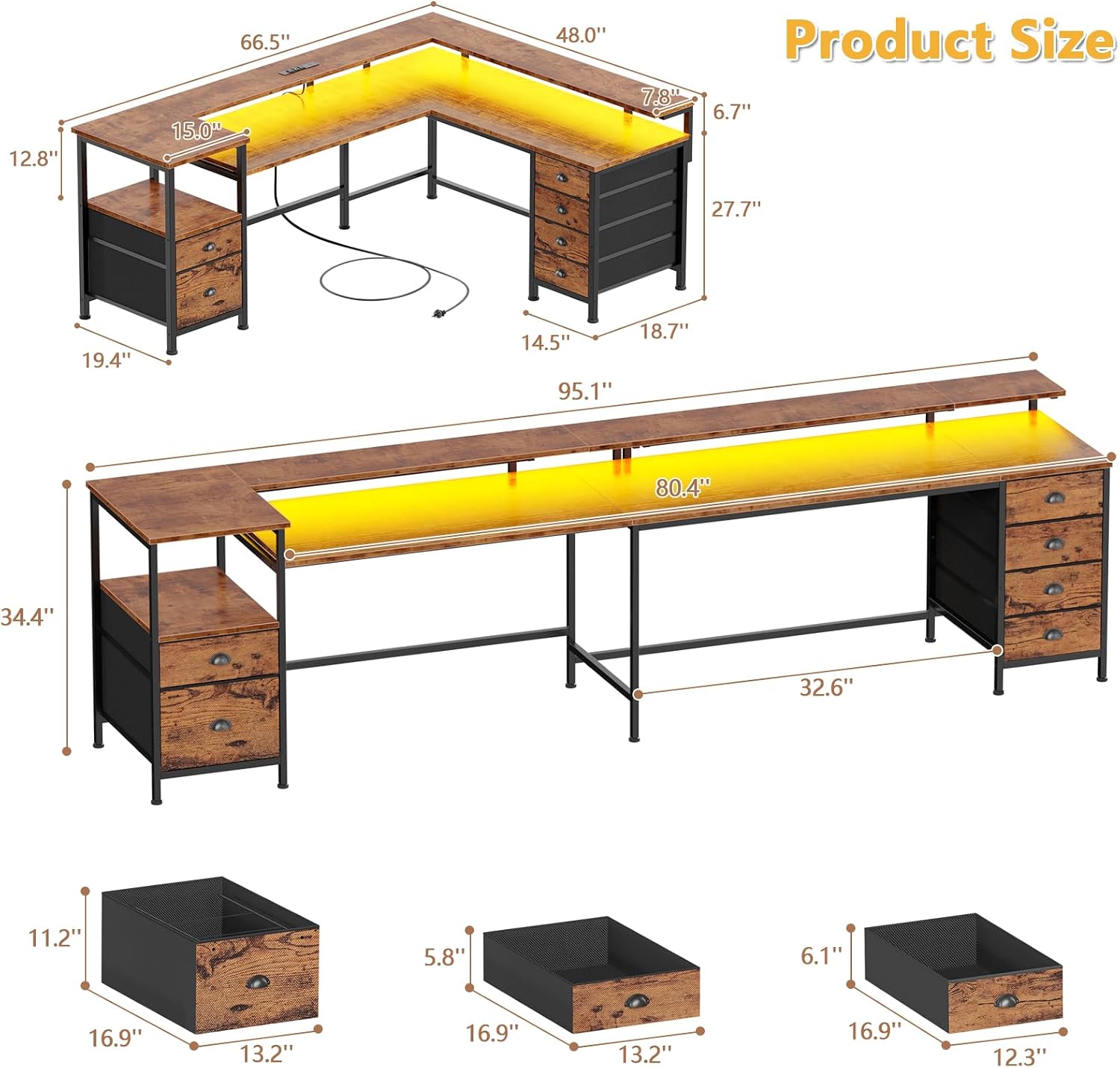 Furologee 95' Two Person Computer Gaming Desk, Long 2 Person Home Office Desk with 6 Drawers & Storage Shelves, Double Table with Power Outlets, LED Lights and Full Monitor Shelf, Rustic Brown