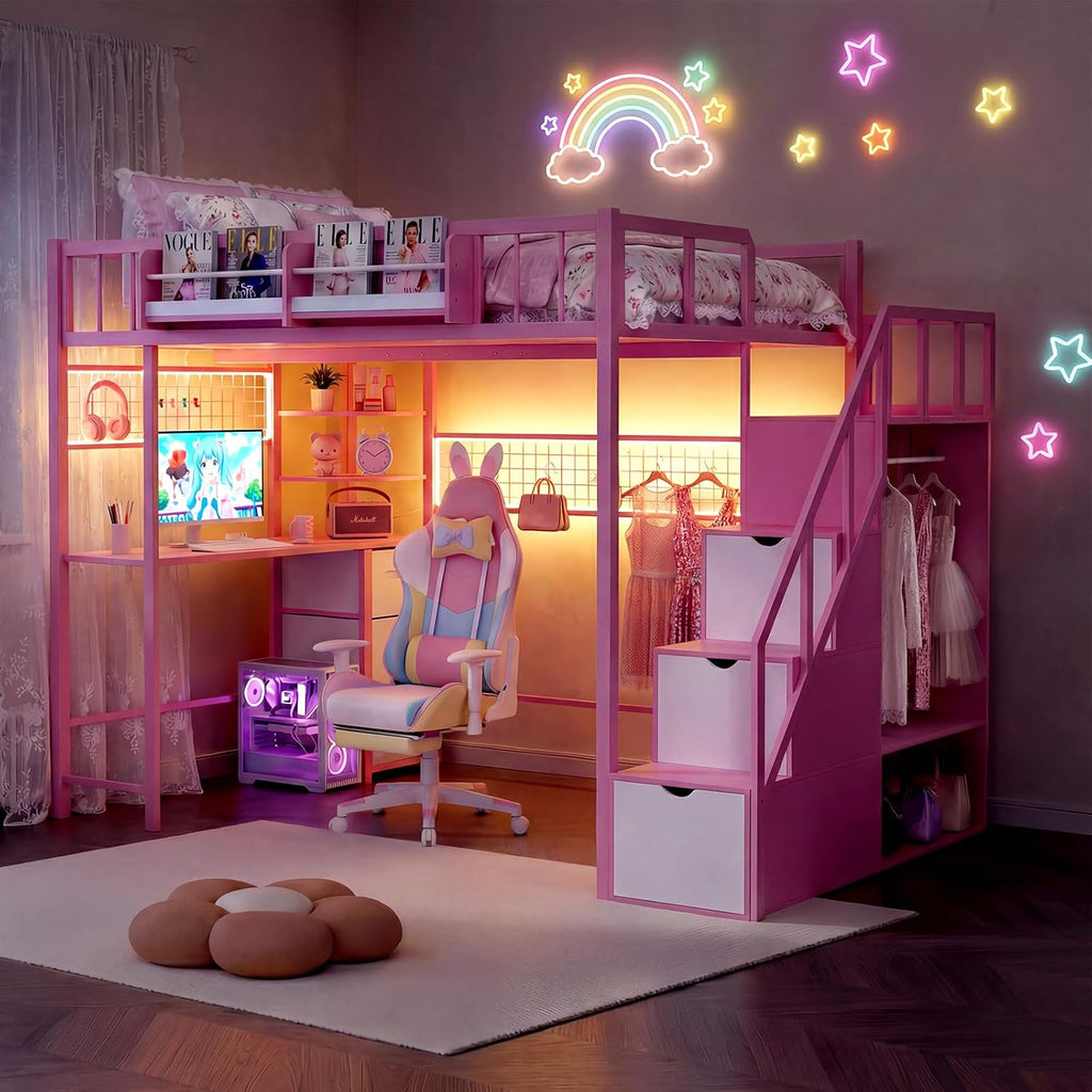 Kikihouse Twin Size Loft Bed with Desk and Stairs, Headboard, Wardrobe, Bedside Storage Shelf, 6 Drawers, Charging Station & LED Light, Metal Gaming Loft Bed Frame for Adult Space-Saving