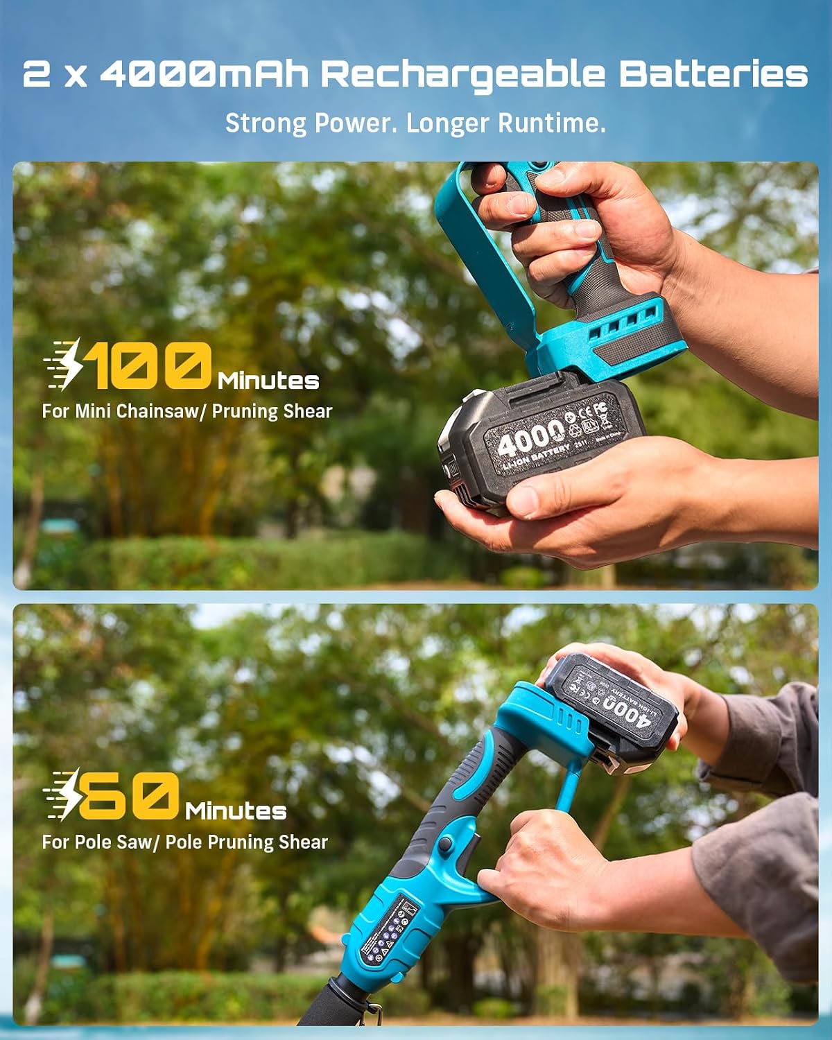 SEESII 4-in-1 Pole Saw & Pruning Shears Combo Kit, 6 Inch Mini Chainsaw for Tree Trimming, Battery Powered Chain Saw with Extension Pole, Limb Branch Cutter Pruner with 2 x 4000mAh Batteries