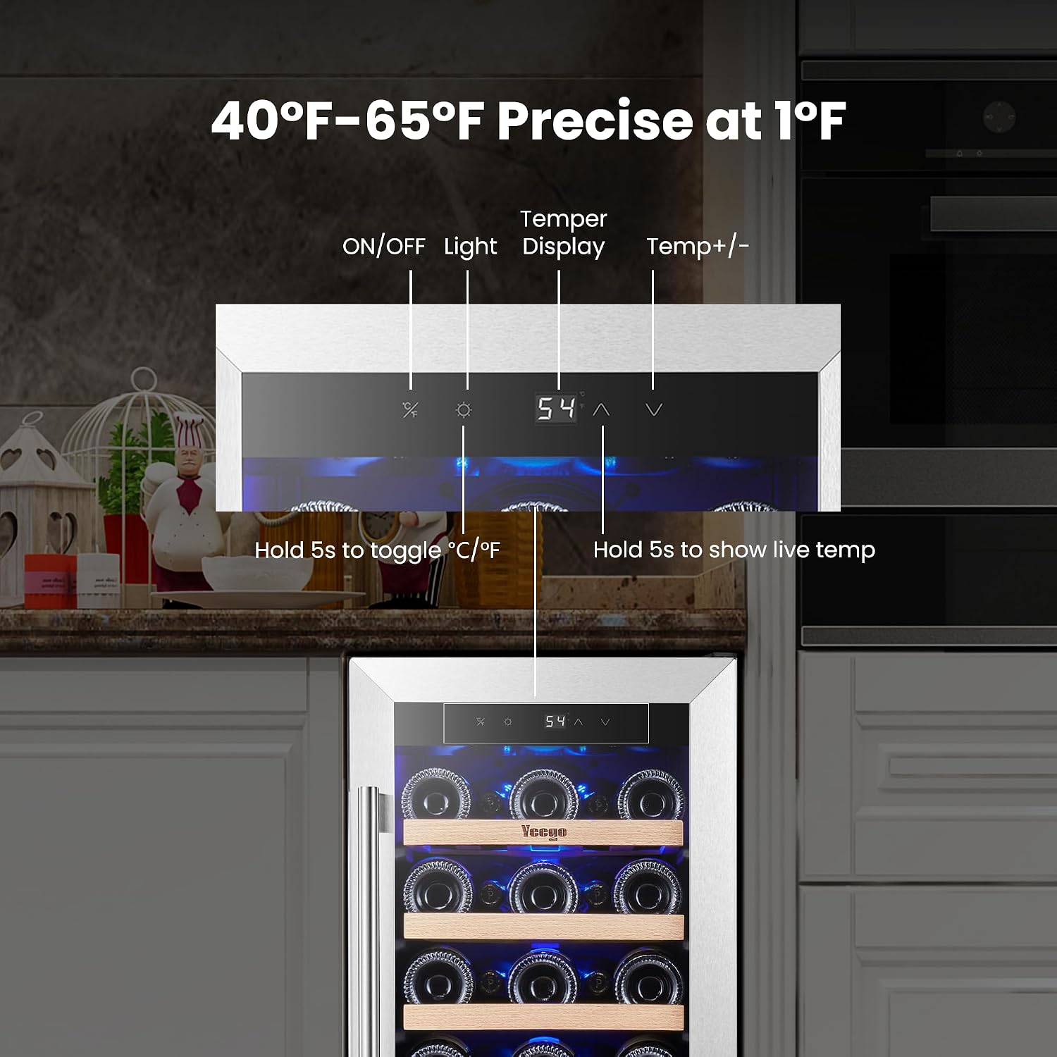 Yeego Wine Fridge Cooler - 15 Inch Wine Fridge Hold 33 Bottles, 40-65°F Wine Refrigerator Glass Door, Built in, Freestanding Under Counter Fridge for Beer Soda Drink Home Bar Office