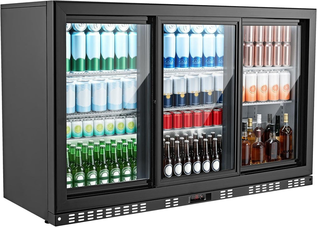 VEVOR Back Bar Cooler, 11.4 Cu.Ft Commercial Beverage Refrigerator, 3 Sliding Glass Doors, Fan Cooling Under Counter Beer Fridge w/LED Lighting, Shelves, Low-E Glass Display for Drinks, Bar, Store