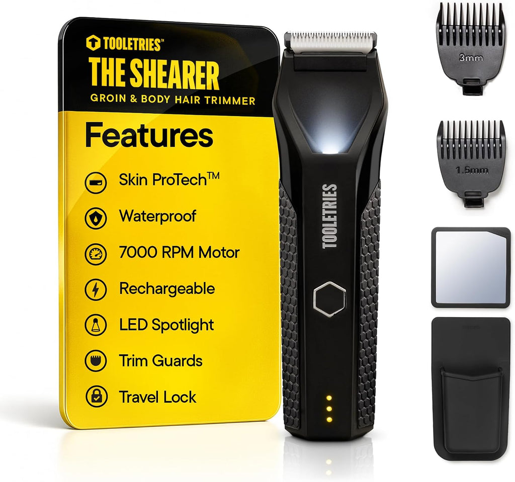 TOOLETRIES Ultimate Shearer Pack - Grooming Kit for Men with Electric Shaver, Silicone Body Scrubber, Back Brush, Face Scrubbers, Body Wash, and Travel Dopp Kit