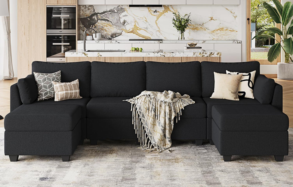 Huatean Home 114.17' Modular Sectional Sofa, 6 Seat Sectional Couches with Storage, Memory Foam, Convertible Modular Couch for Living Room, U Shaped Comfy Modular Sofa with Chaise, Black