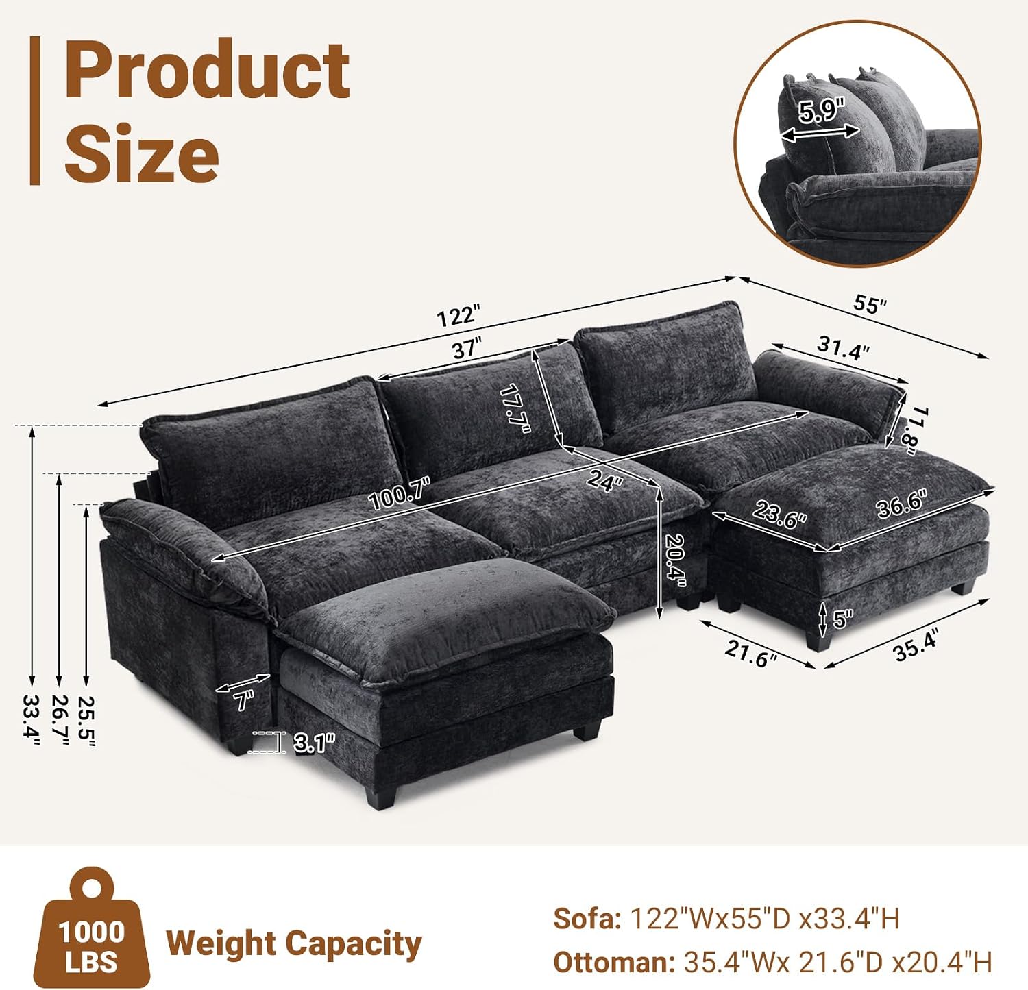 VINGLI 122' Cloud Double-Layer Deep Convertible Sectional Sofa, Comfy L-Shape 3-Seat Couches for Living Room, Modern Couch with Two Movable Ottoman for Small Space, Chenille Black