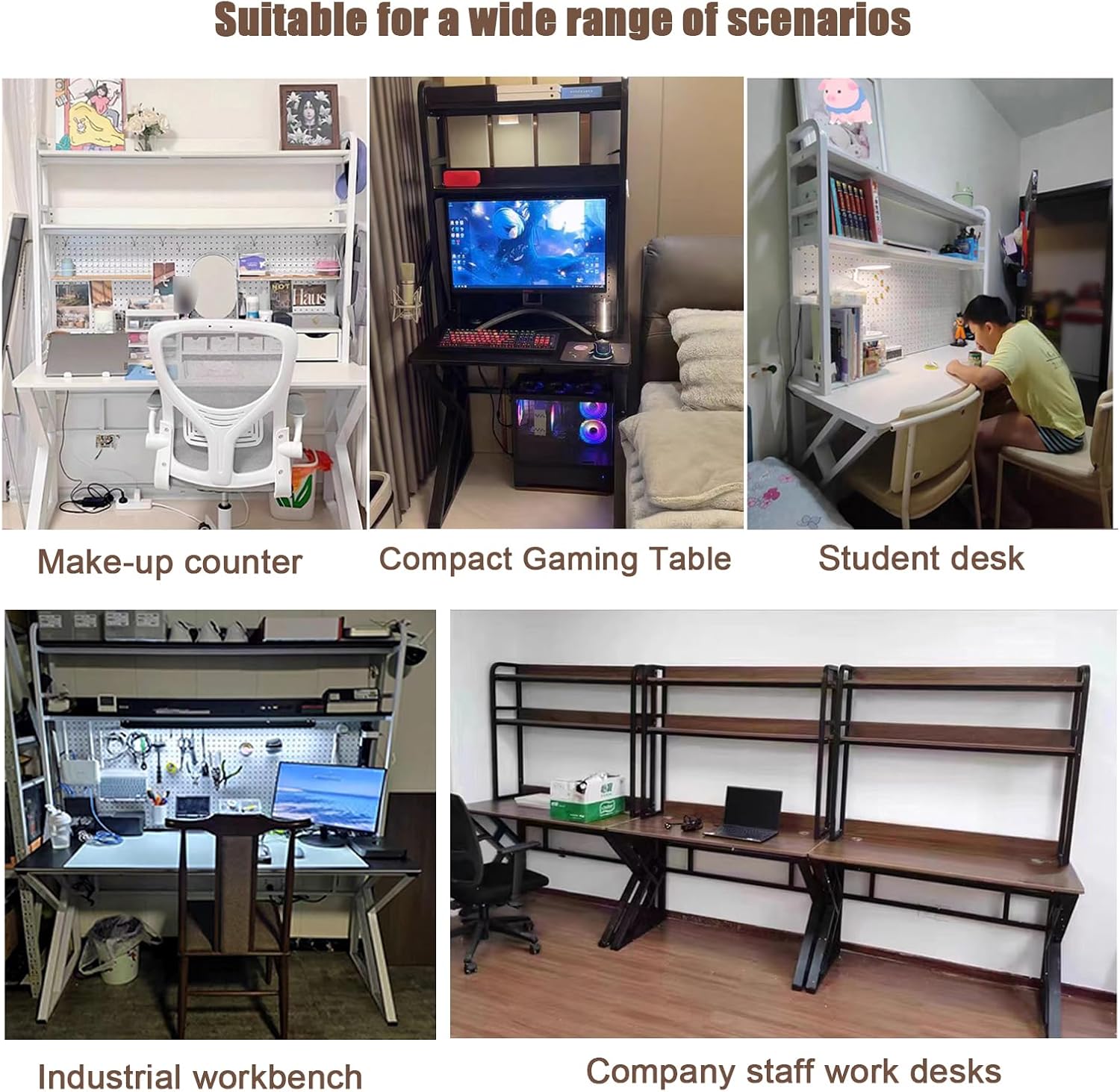 31.4in Gaming Desk with Bookshelf Combo, Computer Desk with Pegboard, Large Writing Table with Desktop Shelves, Ample Leg Room, for Home Office (Brown, 31.4in)