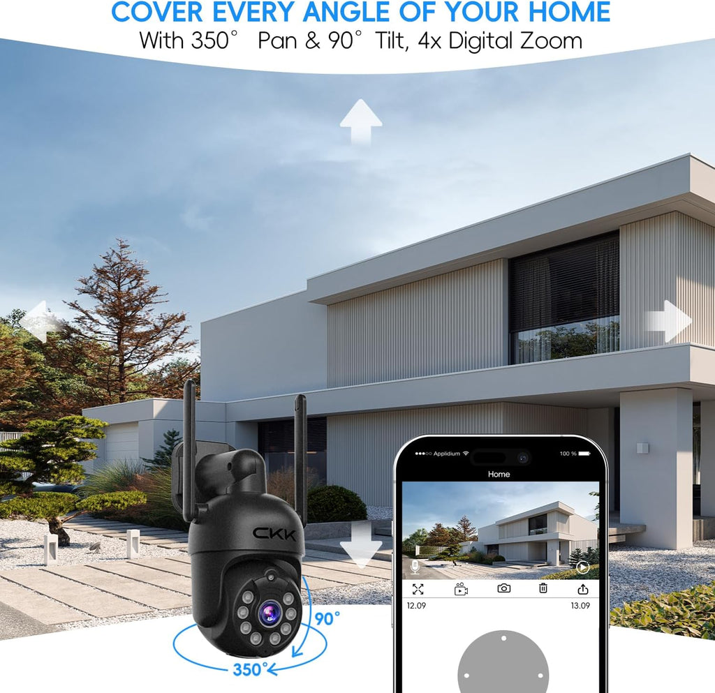 [3K, 360° View] 5MP Wireless Security Camera System, 4pcs 3K PTZ Cameras Outdoor Indoor, C102 Dual WiFi Surveillance System NVR with 4LED Floodlights & Siren Alarm, 2 Way Audio,Motion Sensor,1TB HDD