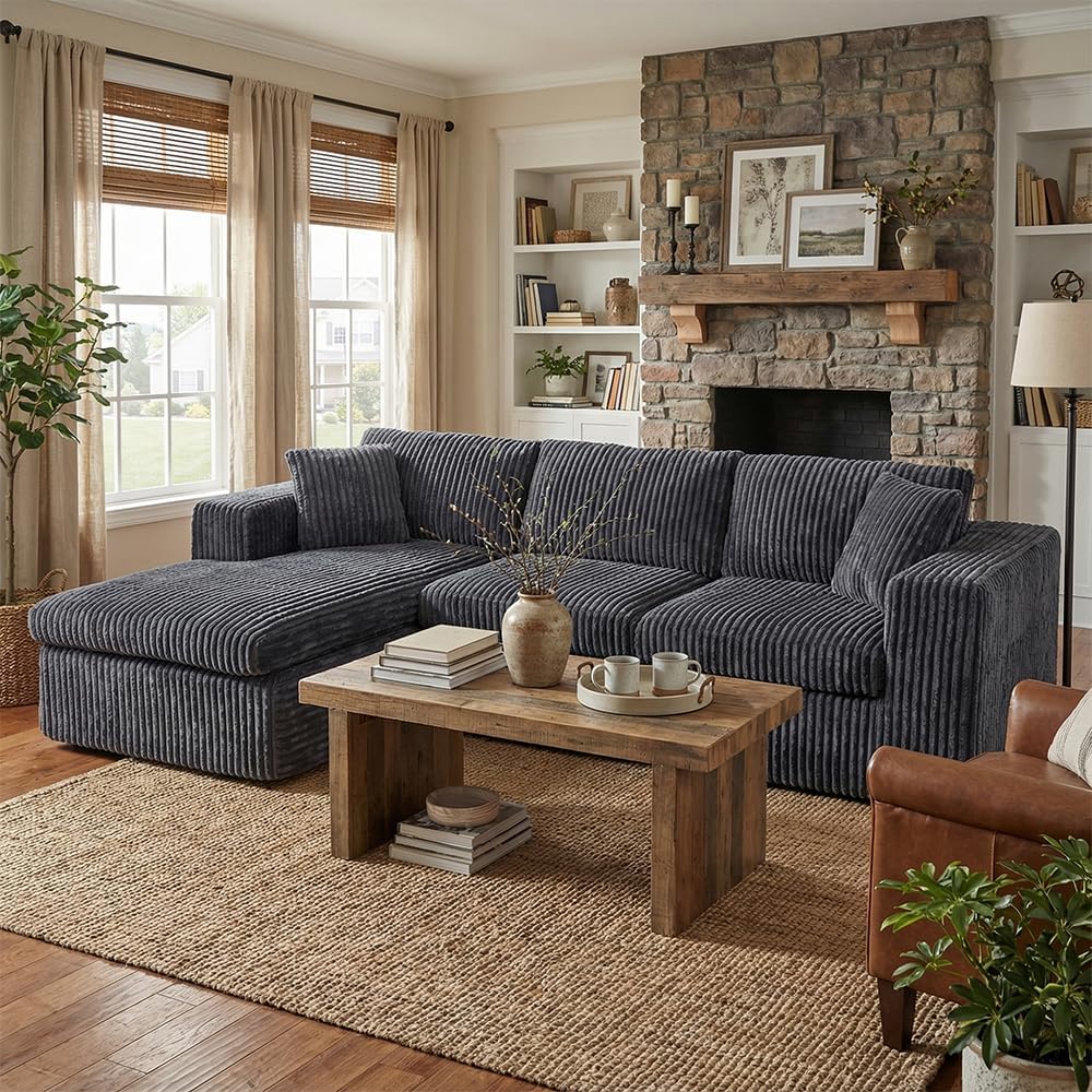 Shintenchi 105' Modular Sectional Sofa, Boneless L Shaped Couch with Deep Seat, Cloud Foam Couch with Oversized Chaise, Plush Cordurory Sofa No Assembly Needed for Living Room, Dark Gray