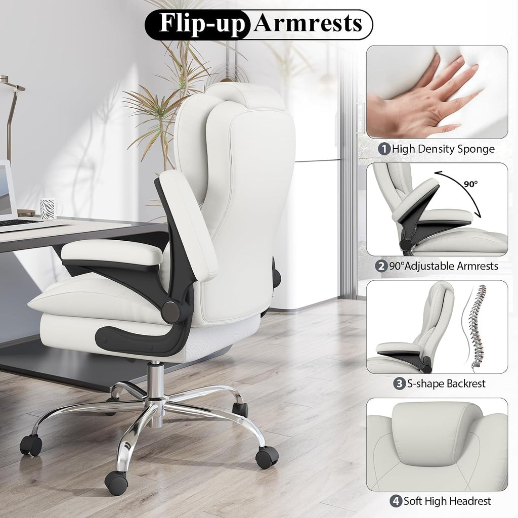 Office Desk Chair, Executive Leather Office Chair, High Back Ergonomic Home Desk Chair with Padded Flip-up Arms, Big and Tall Computer Chair with Rocking Function, 360°Swivel Free, White