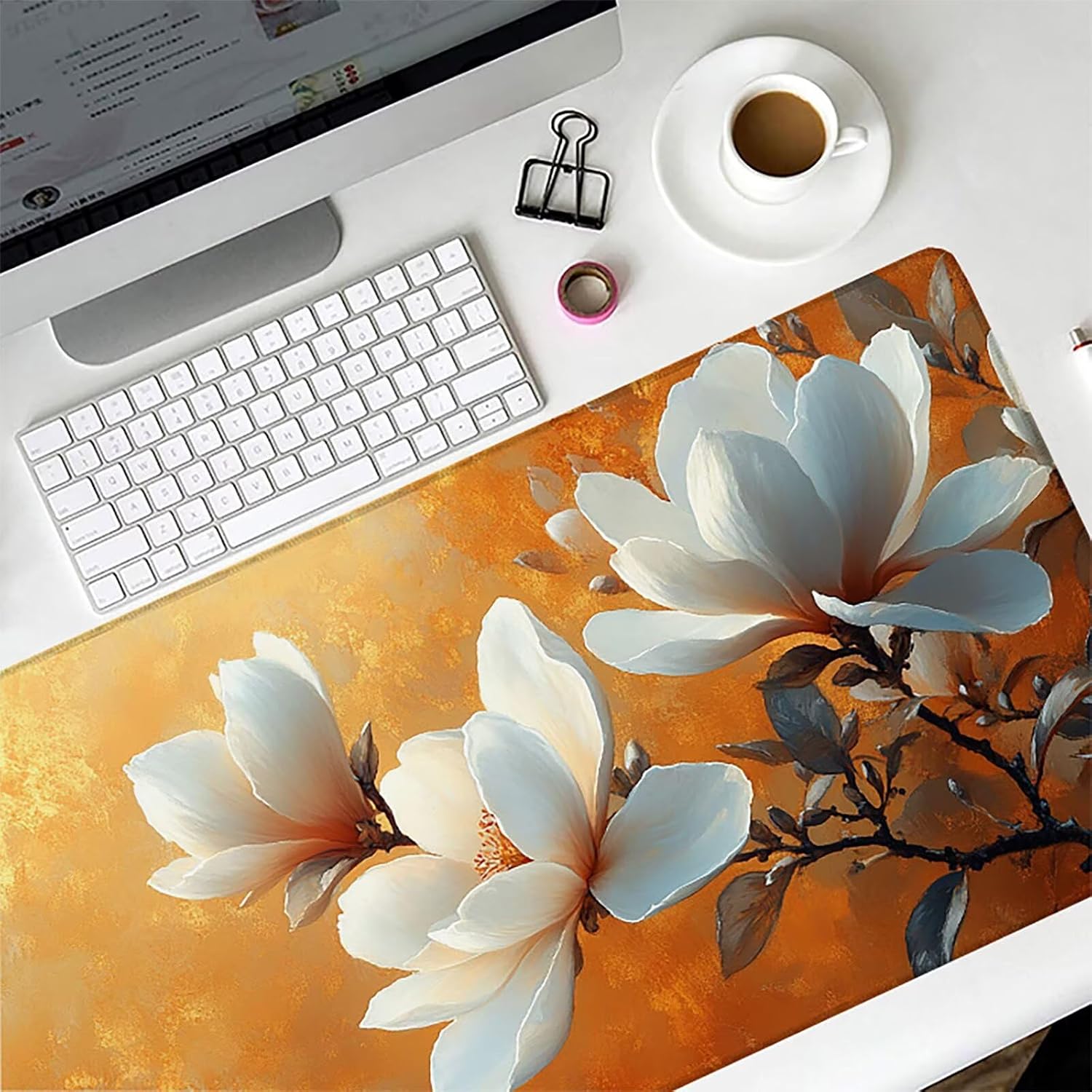 Flower Gaming Mouse Pad, Mouse Pad 60x32in, Large Desk Mat with Non-Slip Rubber Base, Office Desk Accessories, Large Extended Gaming Keyboard Mat, Big Mousepad for Computer Gamer Office, Orange 5-2703