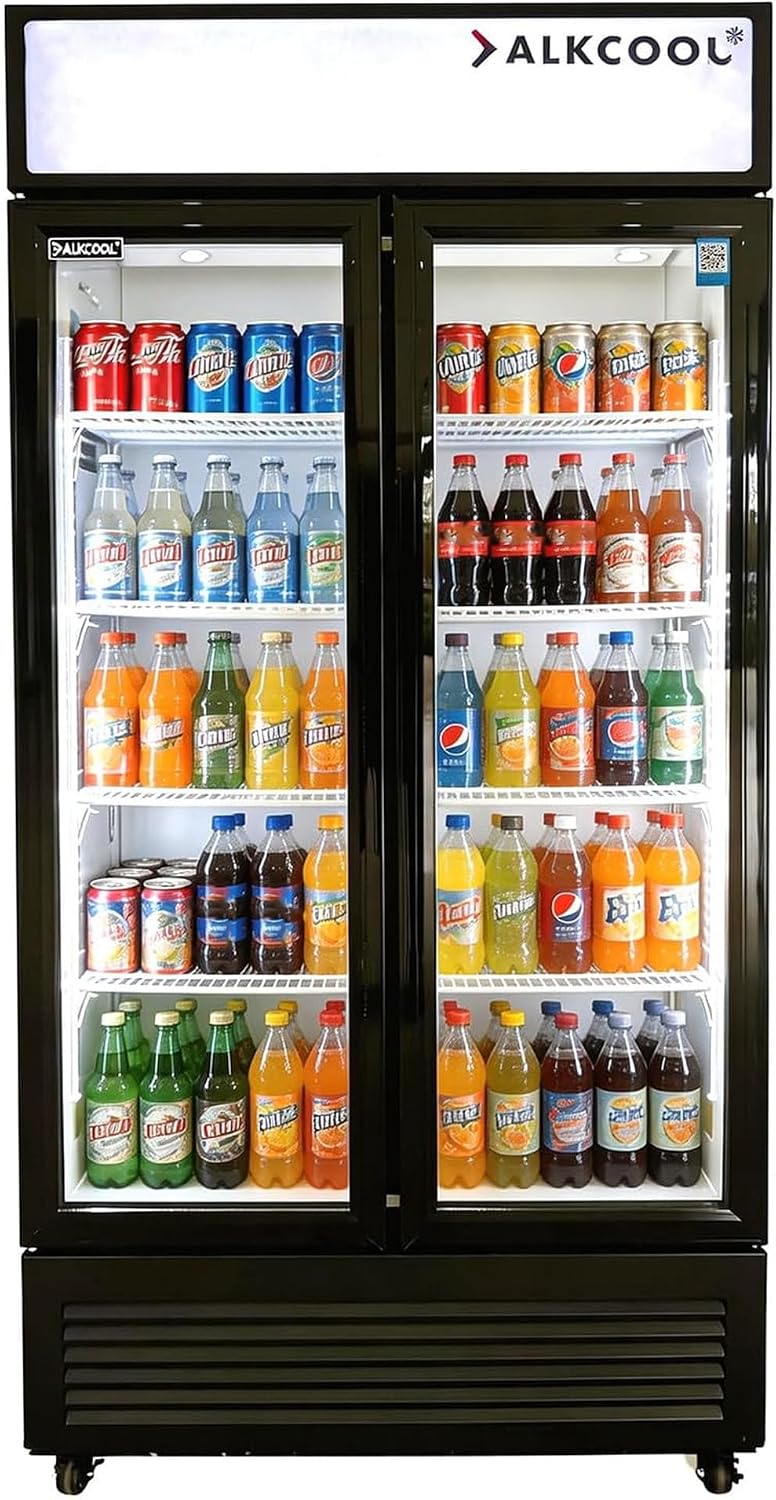 Commercial Beverage Refrigerator Display Fridge,19 Cu Ft Two Glass Door Upright Merchandiser Drink Cooler with LED Light Adjustable Shelves,ETL Approval,35.6' Wide Hinge Door