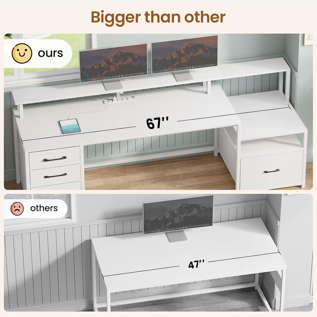 SEDETA White Computer Desk with 5 Drawer & Power Outlet, 66'' Home Office Desk with File Drawer, Storage Shelves, Printer Cabinet and Monitor Shelf, Gaming Desk with Led Lights