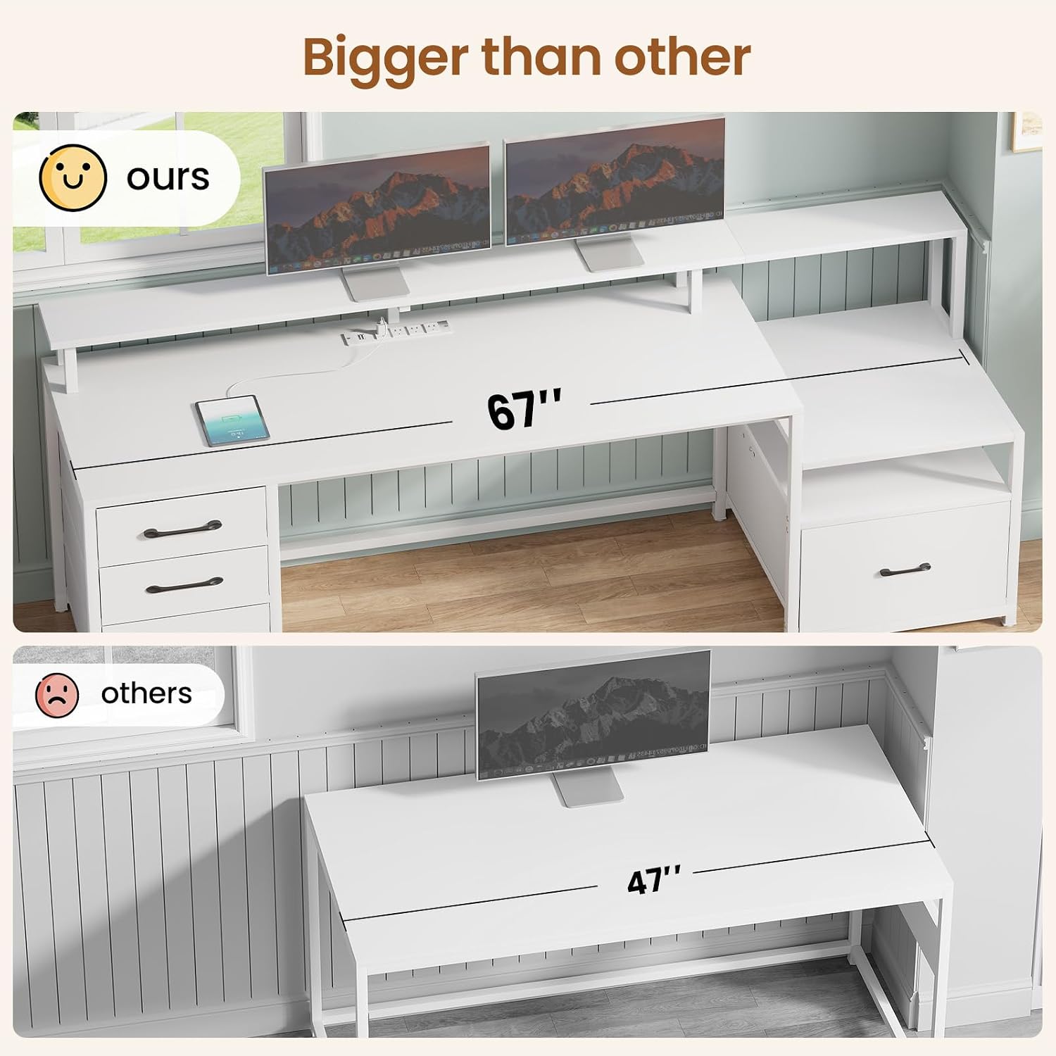 SEDETA White Computer Desk with 5 Drawer & Power Outlet, 66'' Home Office Desk with File Drawer, Storage Shelves, Printer Cabinet and Monitor Shelf, Gaming Desk with Led Lights