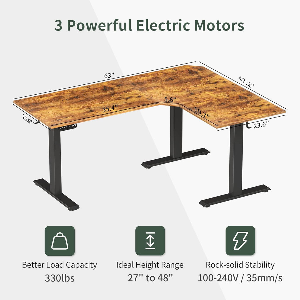 FEZIBO Triple Motor 63' L Shaped Standing Desk, Electric Standing Gaming Desk Adjustable Height, Corner Stand up Desk with Splice Board, Black Frame/Rustic Brown Top