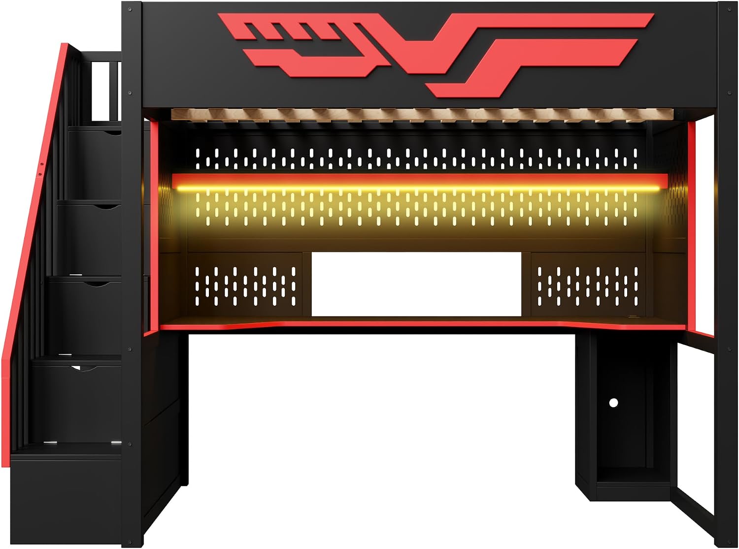 Merax Full Szie Gaming Loft Bed with Desk and Storage Staircase,LED Lights and USB, Red+Black