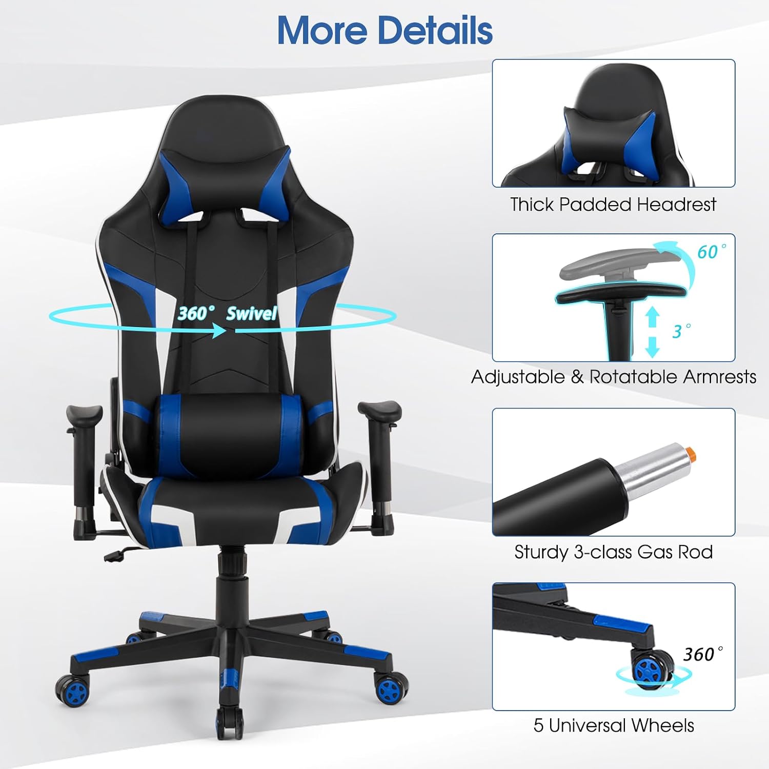 Tangkula Gaming Desk and Chair Set, Ergonomic Gamer Desk & Racing Chair Set Cup Holder, Headphone Hook, Handle Rack & Monitor Stand, Massage & Headrest, Home Office Computer (Blue)