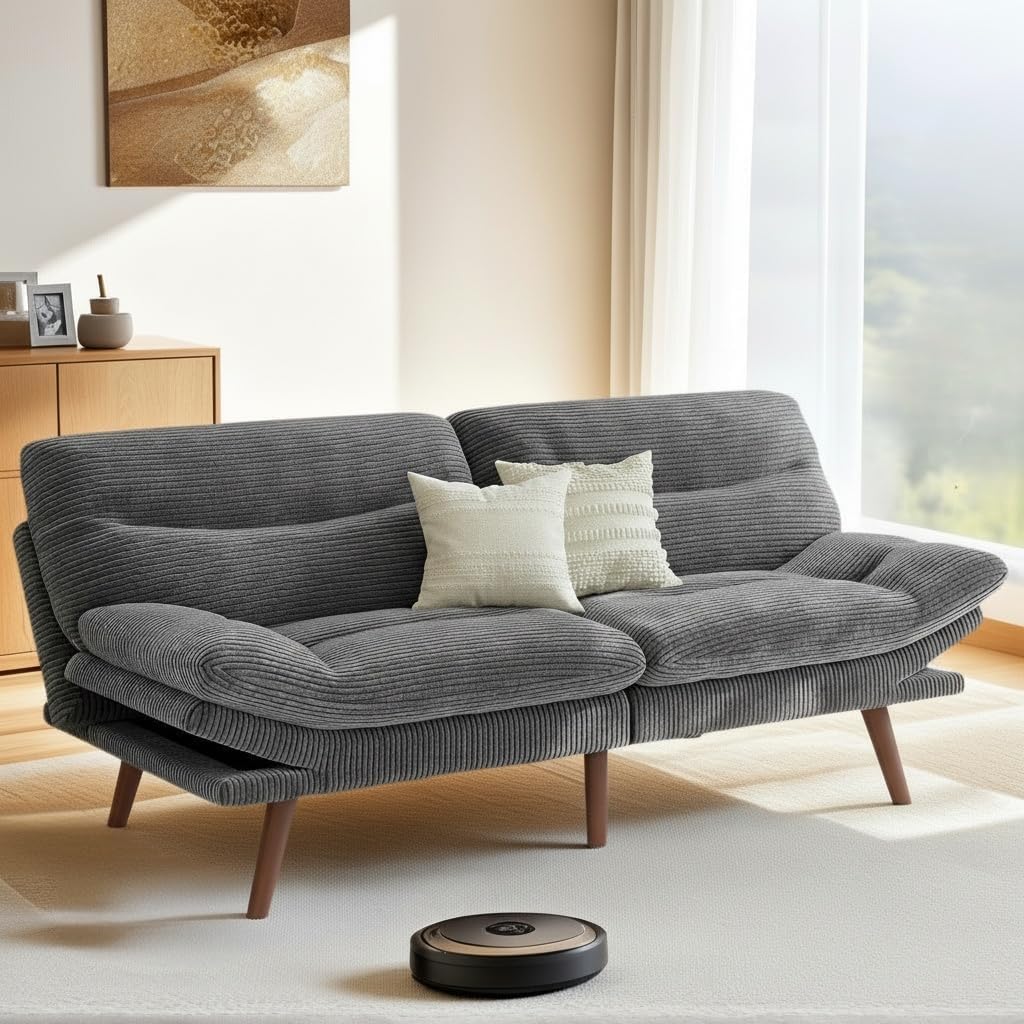 Pipishell Futon Sofa Bed, 75 Inch Corduroy Futon Couch Convertible with Adjustable Backrest and Armrests, Recliner Sleeper Sofa for Small Spaces, Living Room, Office, Guest Room (Grey, 75 Inch) | Adjustable