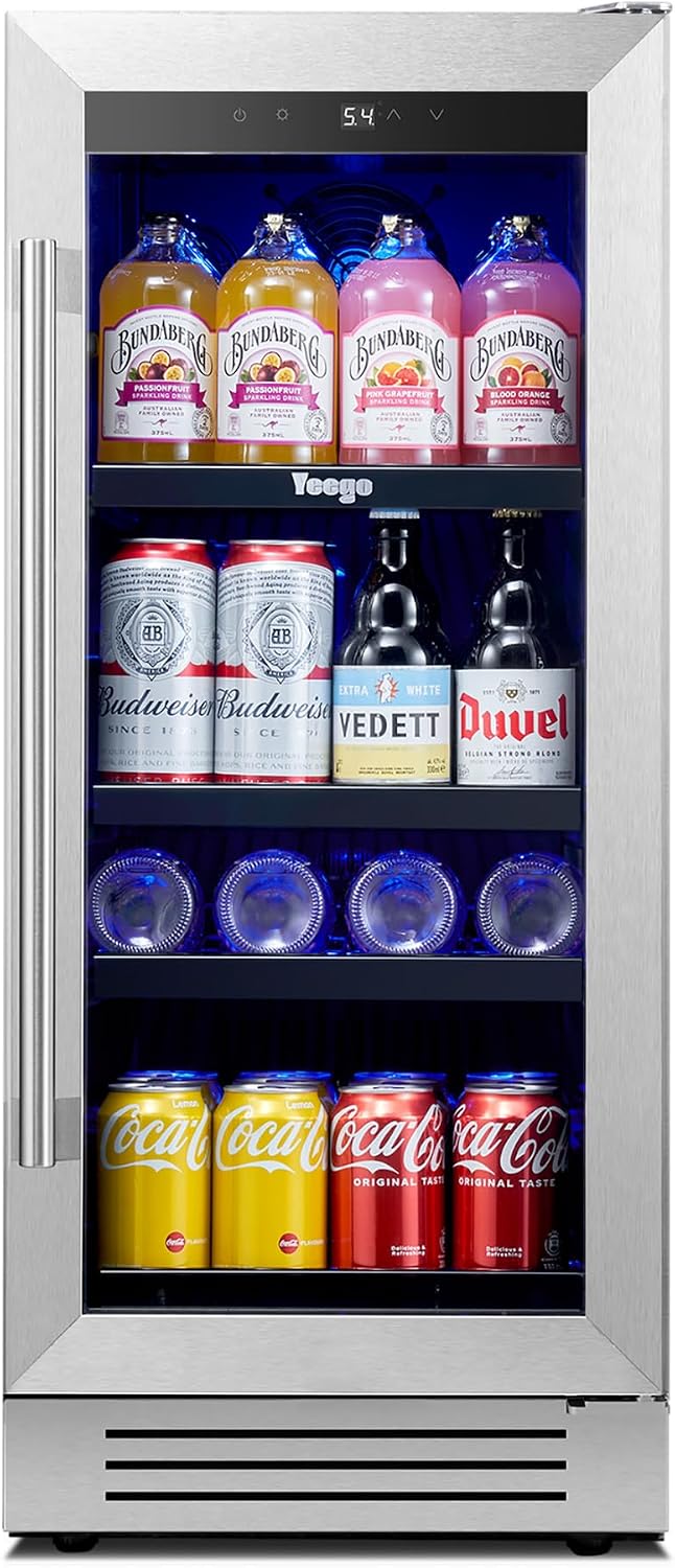 Yeego 15 Inch Beverage-Refrigerator, Beverage Cooler Stainless Steel Refrigerator Built-in or Freestanding, Small Wine Fridge with Glass Door, Drink Fridge for Beer, Soda, Wine