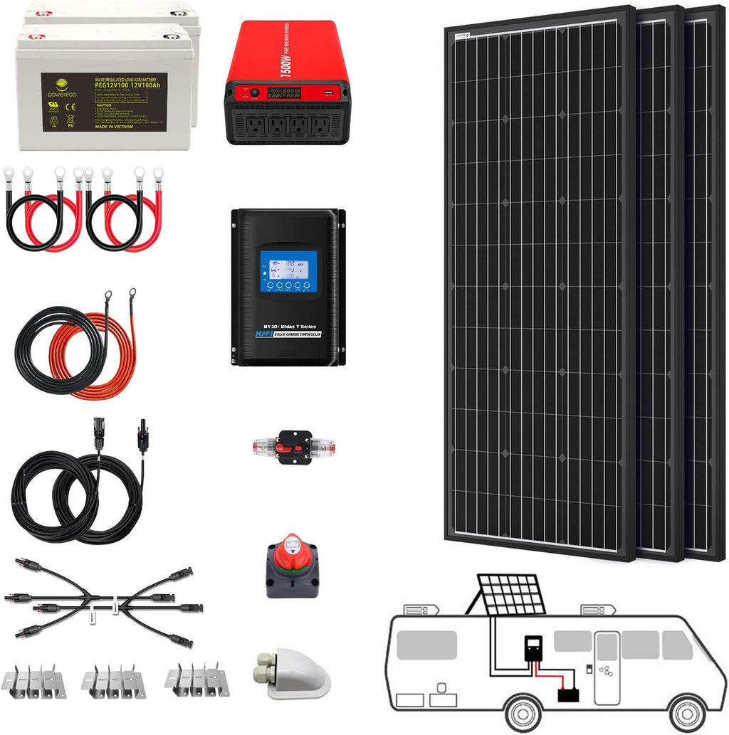 300 Watt (3pcs 100W Mono) Solar Panel Kit + 1500 Watt Power Inverter + Gel Battery Bank for RV, Boat, Cabin, Off-Grid 12 Volt Battery System
