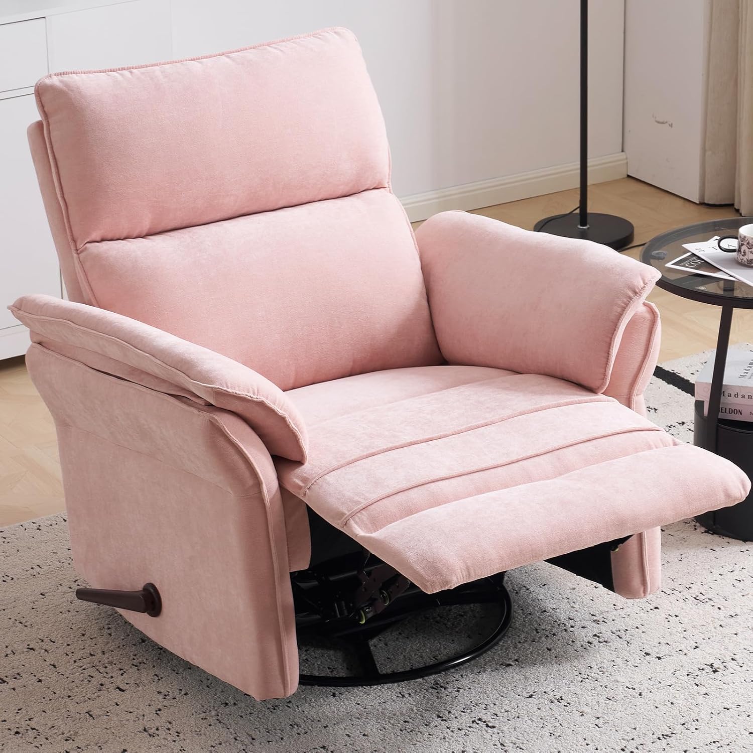 Swivel Rocker Recliner with Adjustable Headrest,Upholstered Glider Rocker Recliner with Overstuffed Armrest,Manual Recliner Nursery Chair for Living Room,Pink