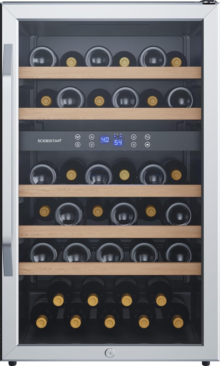 EdgeStar CWF380DZ 20 Inch Wide 38 Bottle Capacity Free Standing Wine Cooler with Dual Zones, LED Lighting and Reversible Door - Stainless Steel