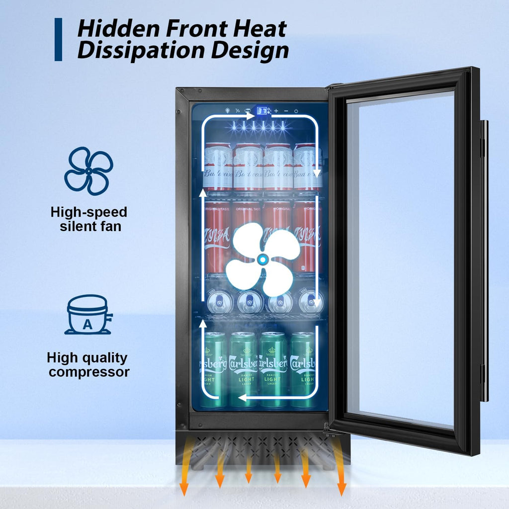Tylza 15 Inch Beverage Refrigerator, Under Counter/Freestanding Drink Fridge, 130 Cans Beverage Cooler with Glass Door, Reversible Door, Low Noise, Quick Cooling - for Beer, Soda, ETC, Black