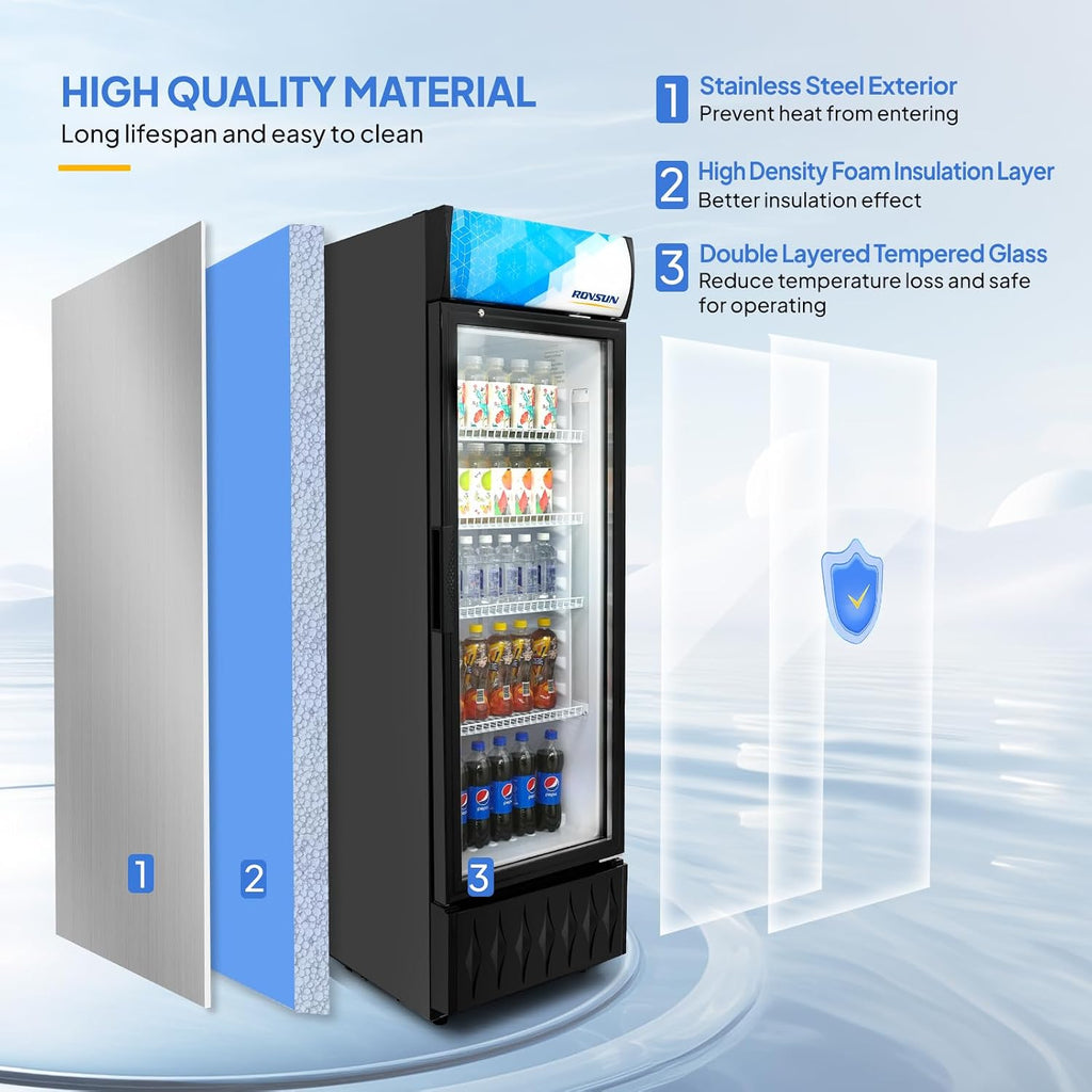 ROVSUN 8.5 Cu.Ft Commercial Beverage Refrigerator ETL NSF, Slim Merchandiser Refrigerator Display Refrigerator Beverage Cooler Glass Door Fridge w/Adjustable Shelves LED Light for Bar Restaurant Cafe