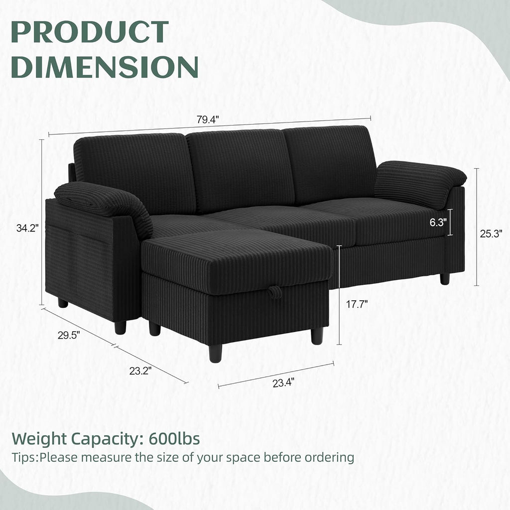 Vongrasig Convertible Sectional Couches, 3 Seat L Shaped Couch Sofa with Removable Pillows Soft Corduroy Fabric Small Couch Mid Century for Living Room, Apartment and Office Black