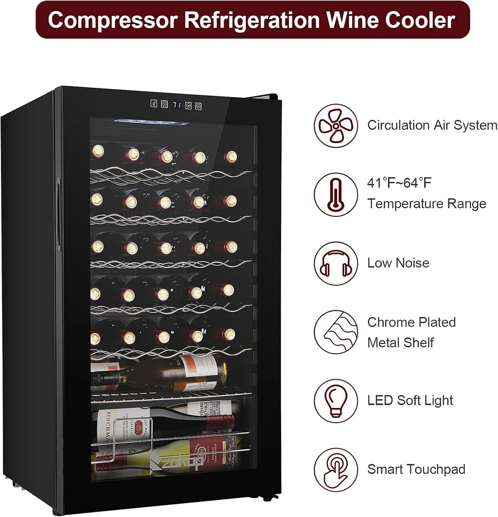 Winado Wine Cooler Refrigerator, 34 Bottle Freestanding Compressor Wine Cooler w/Digital Temp Control, Mini Wine Fridge with Double-Layer Glass Door & Removable Shelves