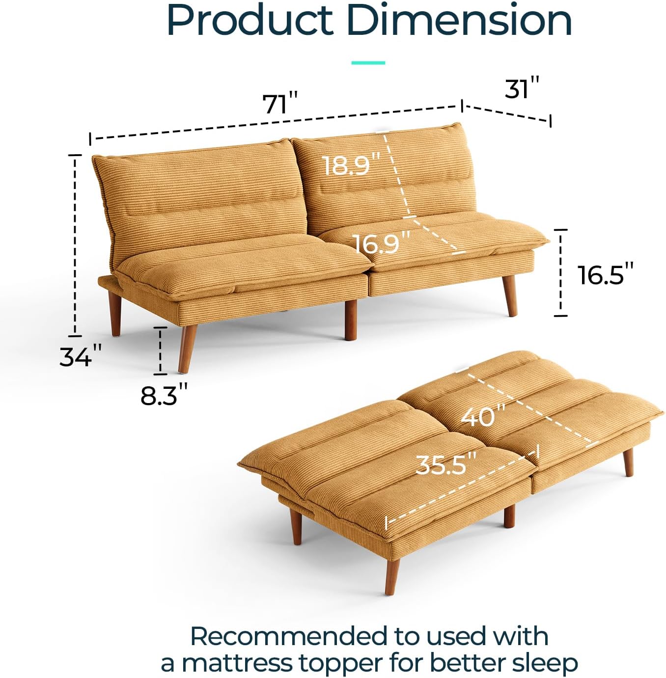 LINSY HOME Futon Sofa Bed - Convertible Corduroy Futon Couch Bed with Adjustable Backrest, Modern Small Loveseat Sleeper Sofa for Small Spaces, Living Room, Apartment or Office (Yellow)
