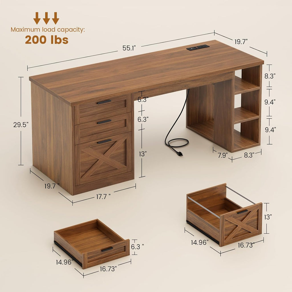 SEDETA 55.1' Executive Office Desk with 3 Drawers, Farmhouse Computer Desk with File Drawer & Storage Shelves, Home Office Desk with Power Outlet for Home Office, Brown