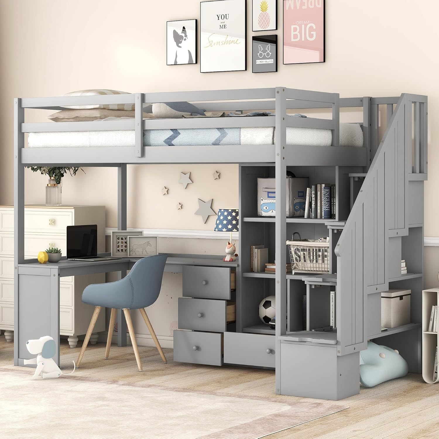 MERITLINE Twin Size Loft Bed with L-Shaped Desk,Storage Staircase,and Guardrails,Wood High Loft Bed with Storage Bookcase and 4 Drawers,for Adults, No Box Spring Needed (Grey)