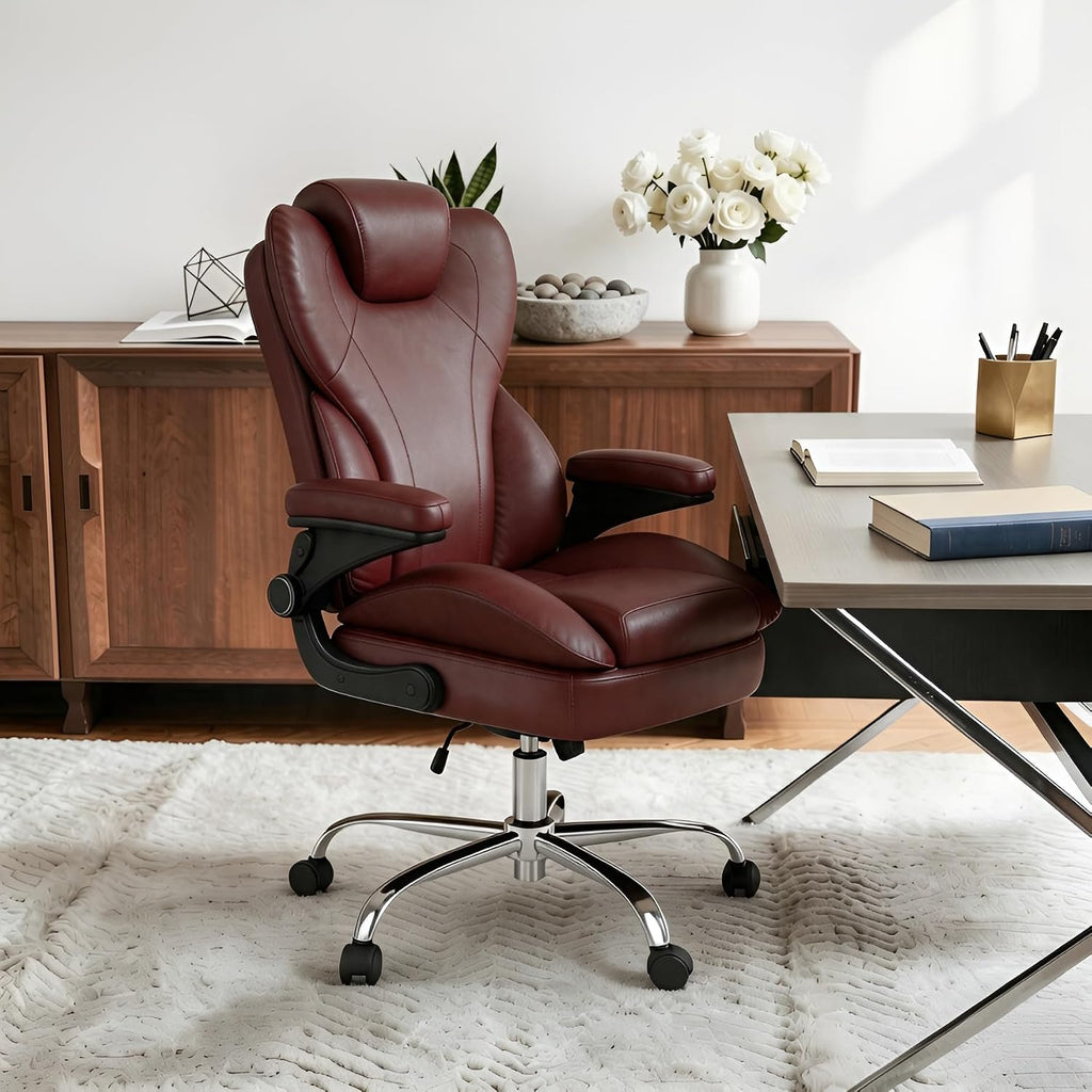 Office Desk Chair, Executive Leather Office Chair, High Back Ergonomic Home Desk Chair with Padded Flip-up Arms, Big and Tall Computer Chair with Rocking Function, 360°Swivel Free, Brown